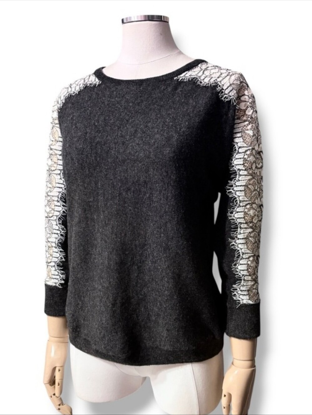 J. CREW Charcoal Grey Lace Top Dolman Sleeve Crew Neck Sweater Size XS